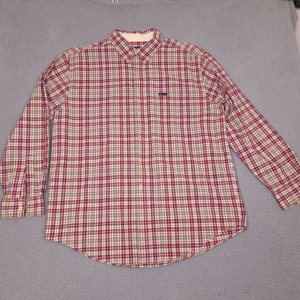 Chaps Shirt Mens XL Red Beige‎ Plaid Pocket Logo Button Down Preppy